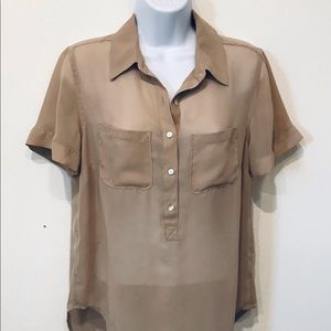 A New Day Sheer Khaki Halfway Button Down Short Sleeve Blouse Size Small